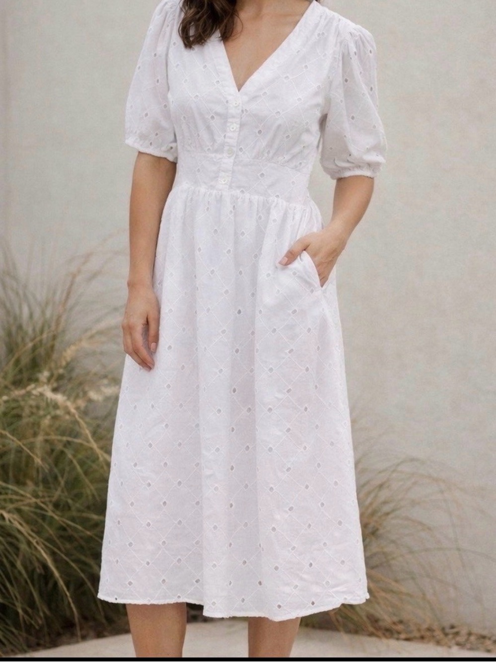 A New Day White Eyelet Midi Dress with V-Neck and Puff Sleeves - Picture 1 of 5